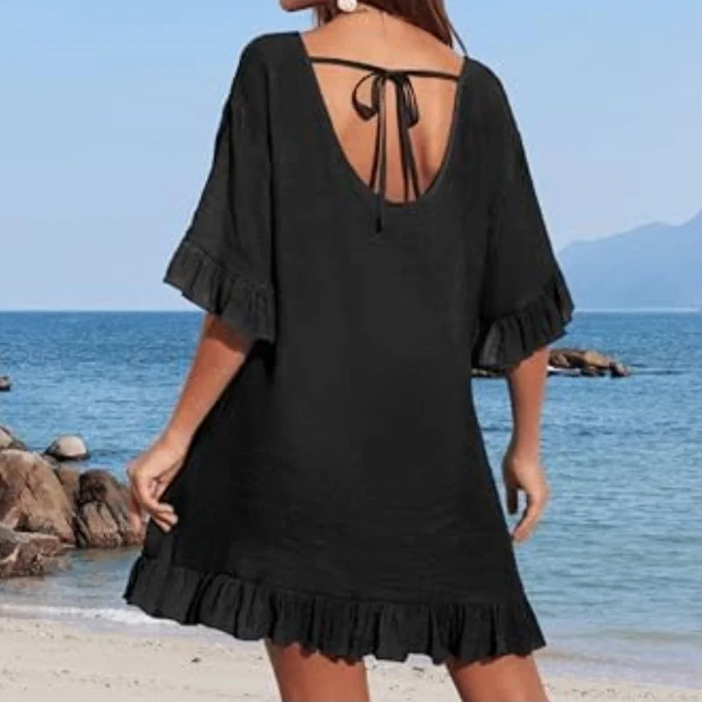 Ekouaer Black Ruffle Hem Swim Cover Up Dress Tie Back XXL New - Picture 2 of 8